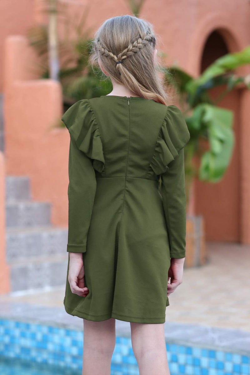 GORLYA Girl's Long Sleeve Ruffle Trim A-Line Swing Flared Skater Party Dress with Pockets for 8 Years Kids (GOR1019, 7-8Y, Olive) - Image 2